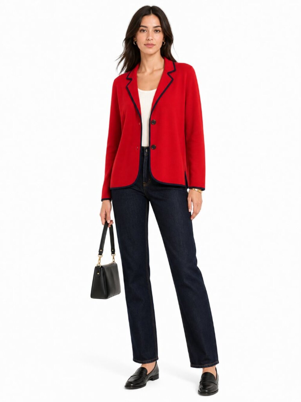 Misook Red Knit Blazer Cardigan Sweater Navy Trim Size M